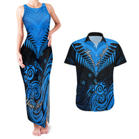 Personalised New Zealand Couples Matching Tank Maxi Dress And Hawaiian Shirt Aotearoa Blue Maori Kiwi Blue Fern LT01 Blue - Polynesian Pride
