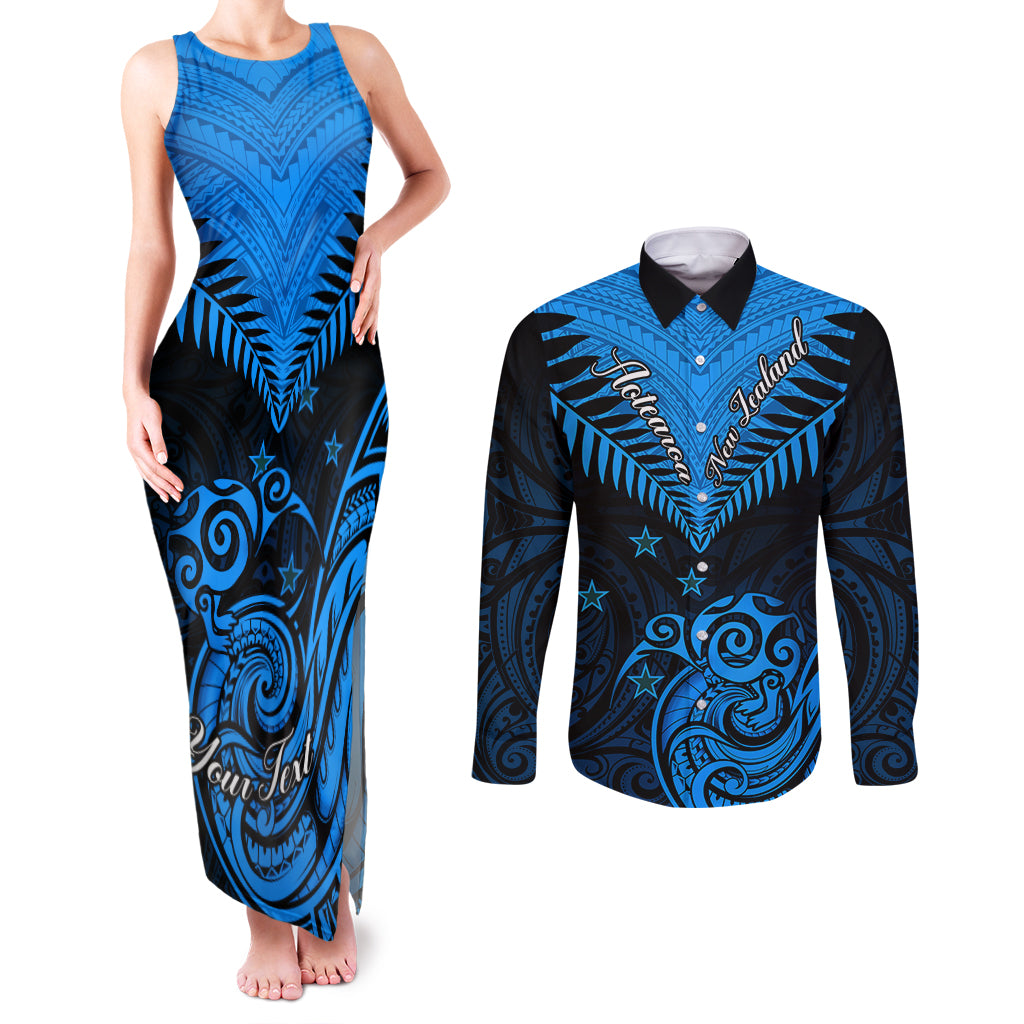 Personalised New Zealand Couples Matching Tank Maxi Dress and Long Sleeve Button Shirts Aotearoa Blue Maori Kiwi Blue Fern LT01 Blue - Polynesian Pride