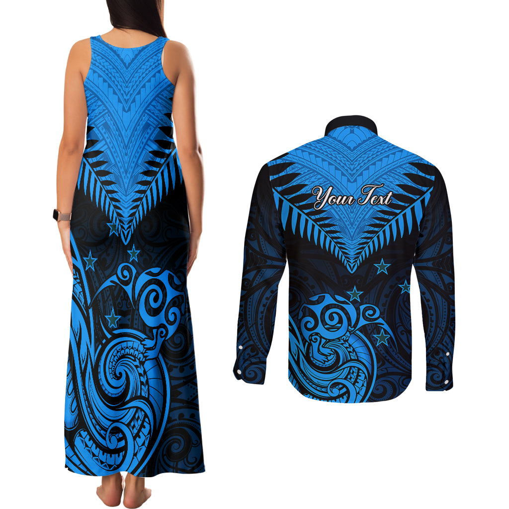 Personalised New Zealand Couples Matching Tank Maxi Dress and Long Sleeve Button Shirts Aotearoa Blue Maori Kiwi Blue Fern LT01 - Polynesian Pride