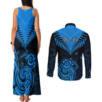 Personalised New Zealand Couples Matching Tank Maxi Dress and Long Sleeve Button Shirts Aotearoa Blue Maori Kiwi Blue Fern LT01 - Polynesian Pride