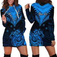 Personalised New Zealand Hoodie Dress Aotearoa Blue Maori Kiwi Blue Fern LT01 - Polynesian Pride
