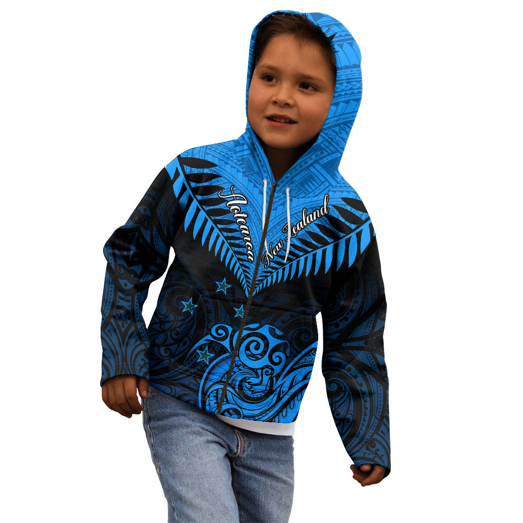 Personalised New Zealand Kid Hoodie Aotearoa Blue Maori Kiwi Blue Fern LT01 - Polynesian Pride