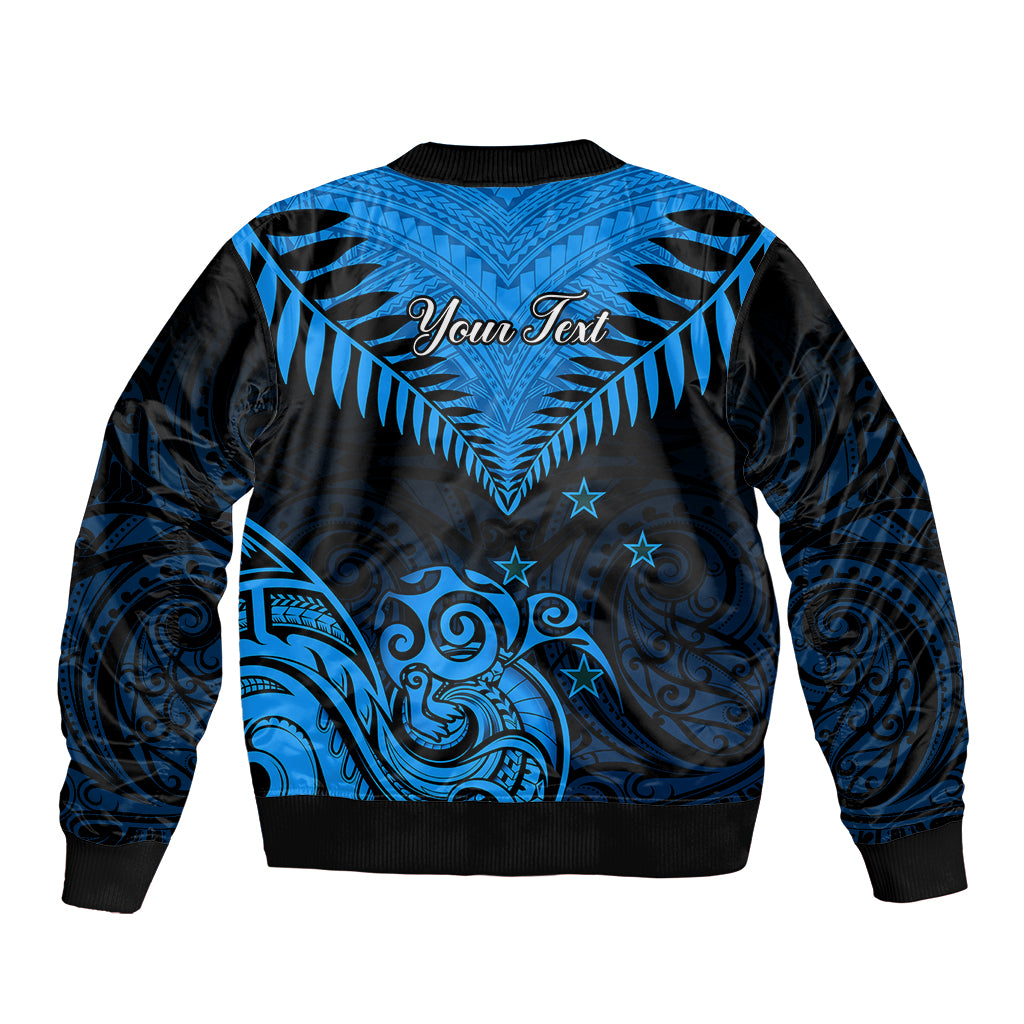 Personalised New Zealand Sleeve Zip Bomber Jacket Aotearoa Blue Maori Kiwi Blue Fern LT01 - Polynesian Pride