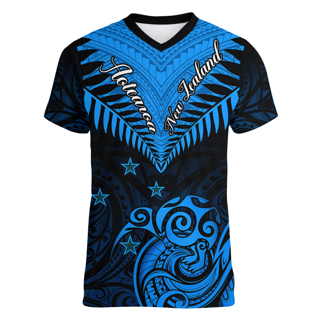 Personalised New Zealand Women V Neck T Shirt Aotearoa Blue Maori Kiwi Blue Fern LT01 Female Blue - Polynesian Pride
