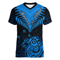 Personalised New Zealand Women V Neck T Shirt Aotearoa Blue Maori Kiwi Blue Fern LT01 Female Blue - Polynesian Pride
