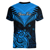 Personalised New Zealand Women V Neck T Shirt Aotearoa Blue Maori Kiwi Blue Fern LT01 - Polynesian Pride