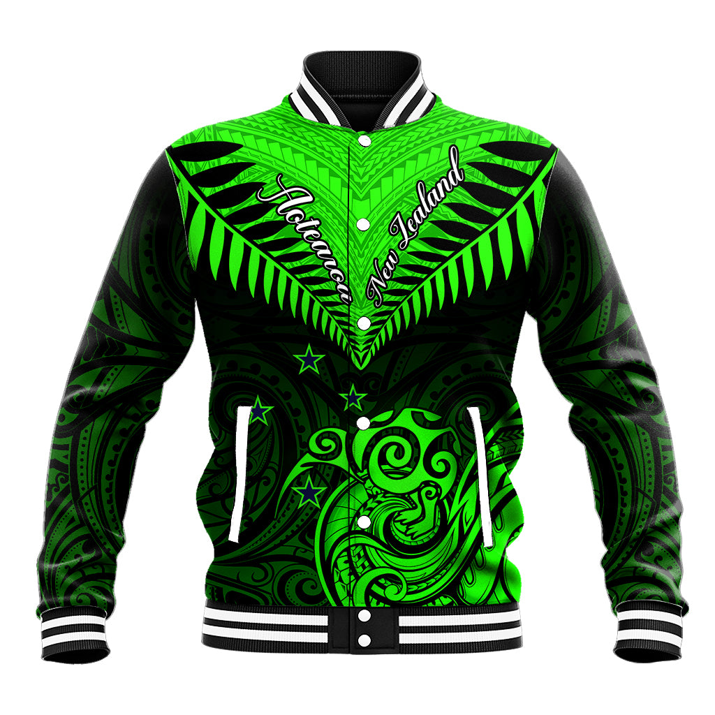 Personalised New Zealand Baseball Jacket Aotearoa Maori Kiwi Green Fern LT01 Unisex Green - Polynesian Pride