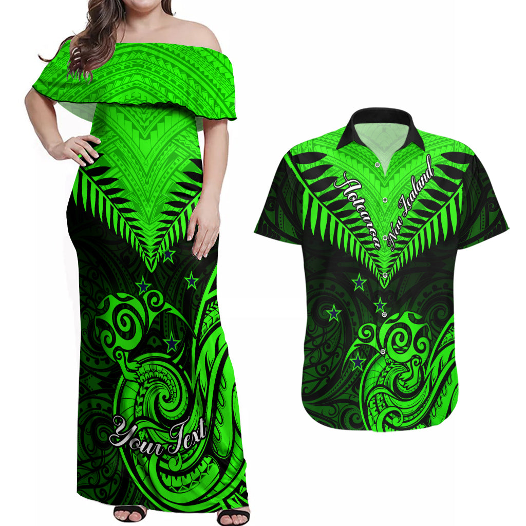 Personalised New Zealand Couples Matching Off Shoulder Maxi Dress and Hawaiian Shirt Aotearoa Maori Kiwi Green Fern LT01 Green - Polynesian Pride