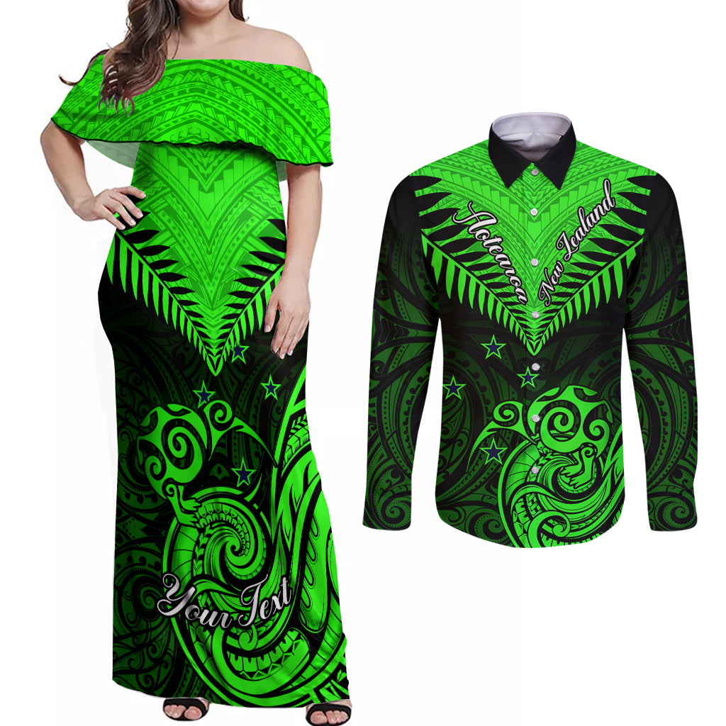 Personalised New Zealand Couples Matching Off Shoulder Maxi Dress and Long Sleeve Button Shirts Aotearoa Maori Kiwi Green Fern LT01 Green - Polynesian Pride