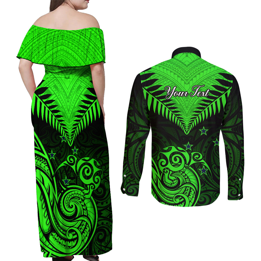 Personalised New Zealand Couples Matching Off Shoulder Maxi Dress and Long Sleeve Button Shirts Aotearoa Maori Kiwi Green Fern LT01 - Polynesian Pride