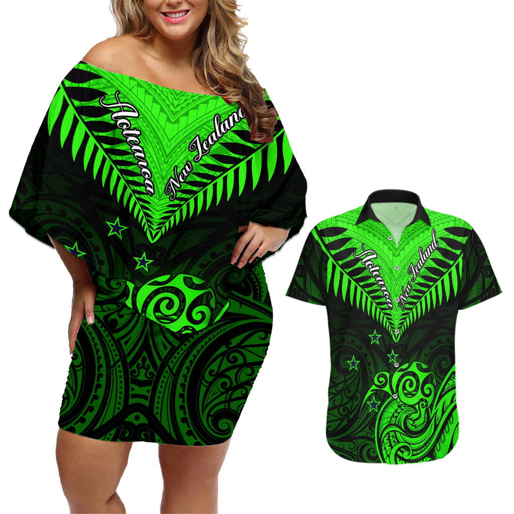 Personalised New Zealand Couples Matching Off Shoulder Short Dress and Hawaiian Shirt Aotearoa Maori Kiwi Green Fern LT01 Green - Polynesian Pride