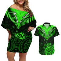 Personalised New Zealand Couples Matching Off Shoulder Short Dress and Hawaiian Shirt Aotearoa Maori Kiwi Green Fern LT01 Green - Polynesian Pride