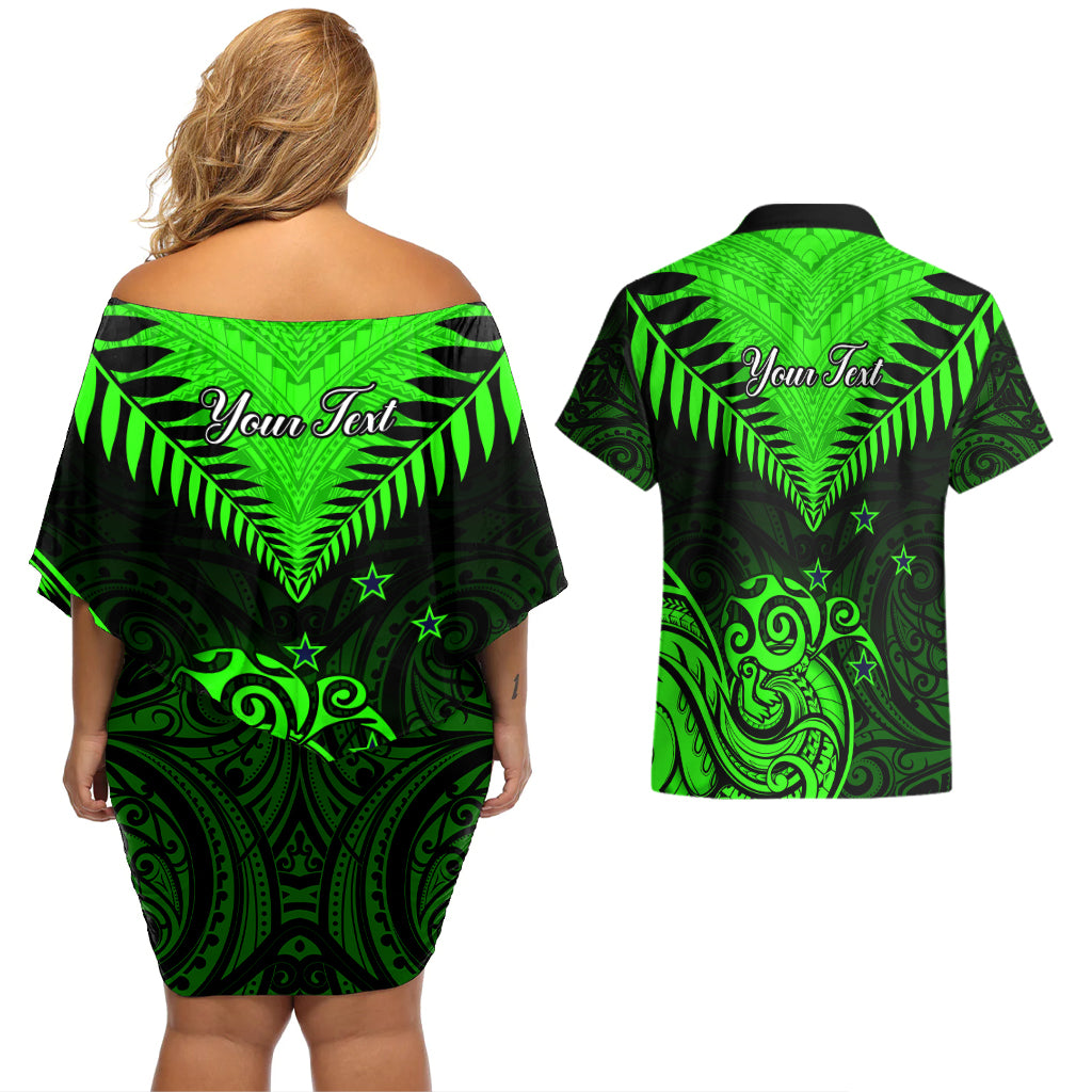 Personalised New Zealand Couples Matching Off Shoulder Short Dress and Hawaiian Shirt Aotearoa Maori Kiwi Green Fern LT01 - Polynesian Pride
