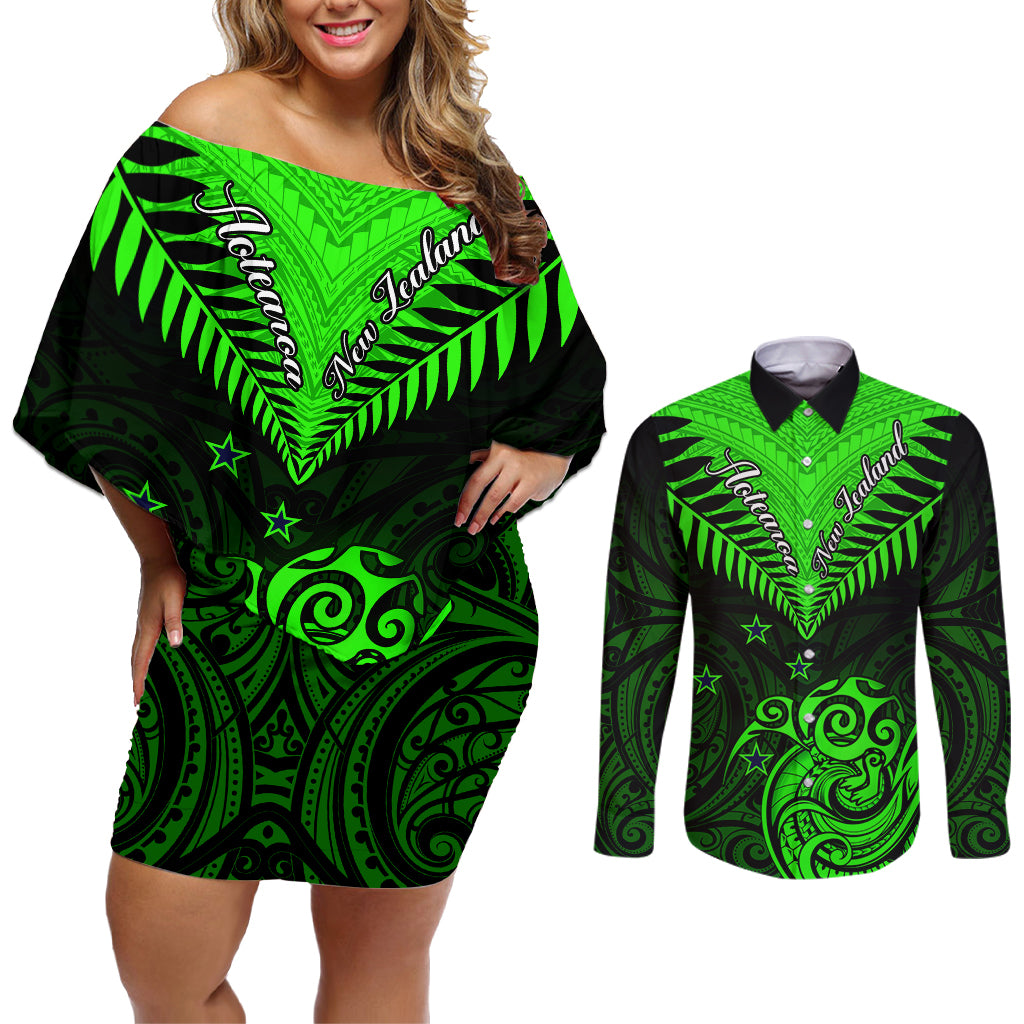 Personalised New Zealand Couples Matching Off Shoulder Short Dress and Long Sleeve Button Shirts Aotearoa Maori Kiwi Green Fern LT01 Green - Polynesian Pride