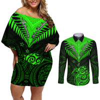 Personalised New Zealand Couples Matching Off Shoulder Short Dress and Long Sleeve Button Shirts Aotearoa Maori Kiwi Green Fern LT01 Green - Polynesian Pride