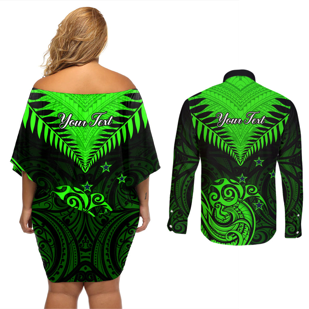 Personalised New Zealand Couples Matching Off Shoulder Short Dress and Long Sleeve Button Shirts Aotearoa Maori Kiwi Green Fern LT01 - Polynesian Pride