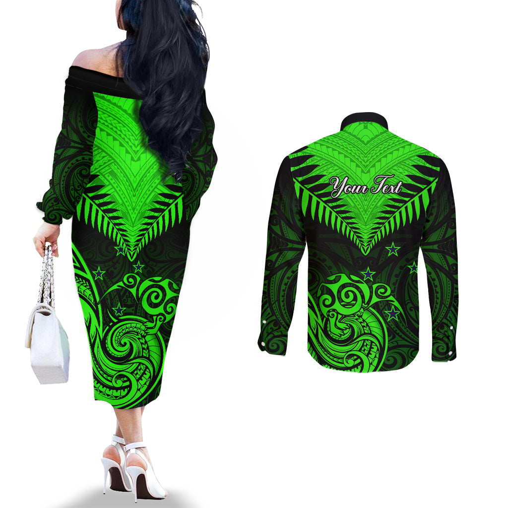 Personalised New Zealand Couples Matching Off The Shoulder Long Sleeve Dress and Long Sleeve Button Shirts Aotearoa Maori Kiwi Green Fern LT01 - Polynesian Pride