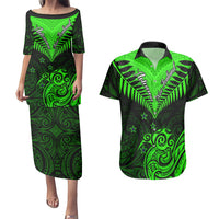 Personalised New Zealand Couples Matching Puletasi Dress and Hawaiian Shirt Aotearoa Maori Kiwi Green Fern LT01 Green - Polynesian Pride