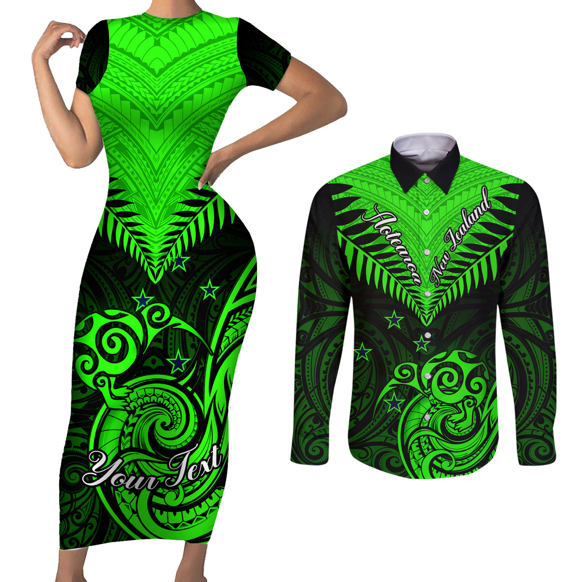 Personalised New Zealand Couples Matching Short Sleeve Bodycon Dress and Long Sleeve Button Shirts Aotearoa Maori Kiwi Green Fern LT01 Green - Polynesian Pride