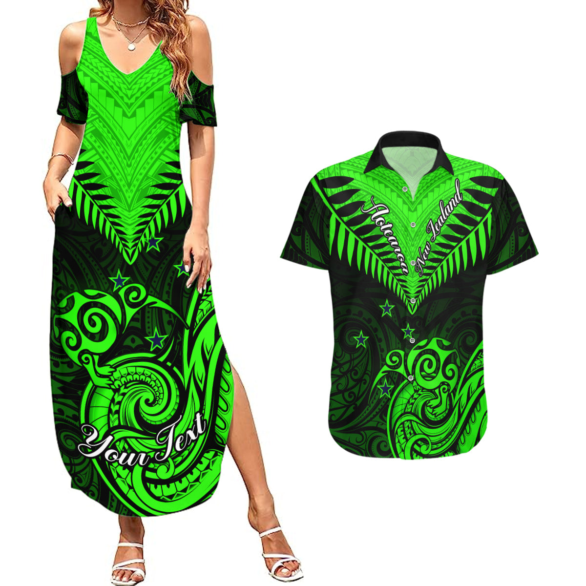 Personalised New Zealand Couples Matching Summer Maxi Dress and Hawaiian Shirt Aotearoa Maori Kiwi Green Fern LT01 Green - Polynesian Pride