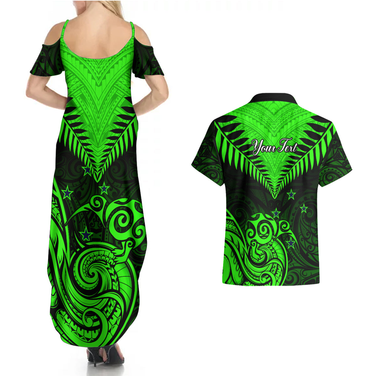 Personalised New Zealand Couples Matching Summer Maxi Dress and Hawaiian Shirt Aotearoa Maori Kiwi Green Fern LT01 - Polynesian Pride