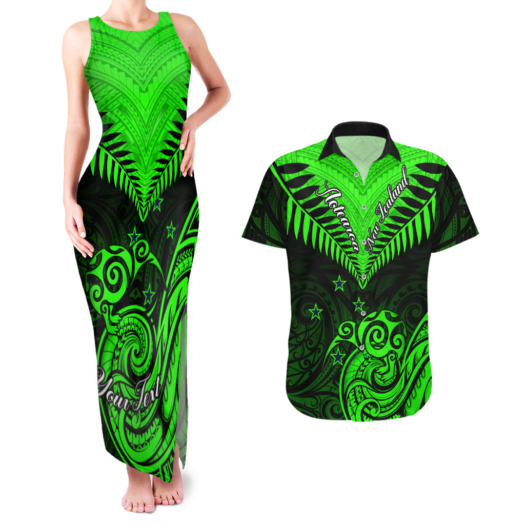 Personalised New Zealand Couples Matching Tank Maxi Dress And Hawaiian Shirt Aotearoa Maori Kiwi Green Fern LT01 Green - Polynesian Pride