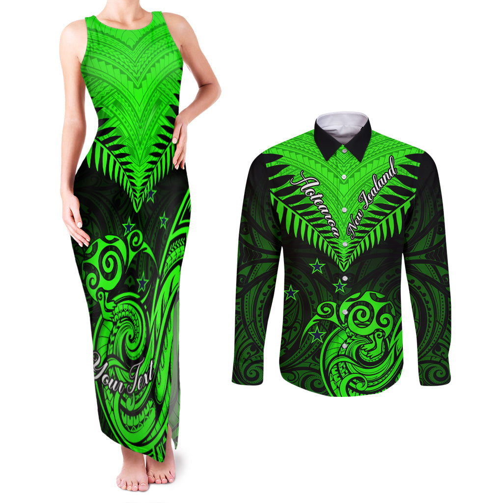 Personalised New Zealand Couples Matching Tank Maxi Dress and Long Sleeve Button Shirts Aotearoa Maori Kiwi Green Fern LT01 Green - Polynesian Pride