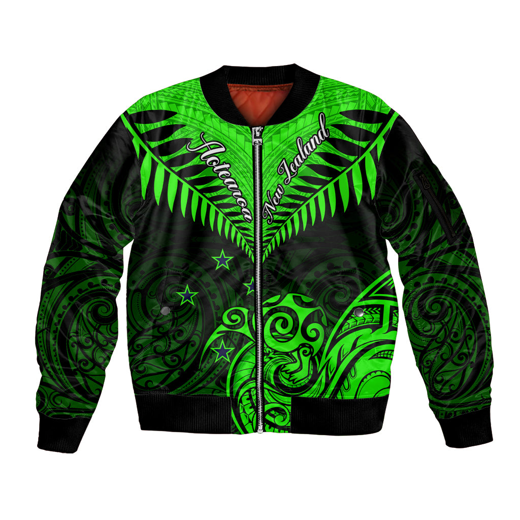 Personalised New Zealand Sleeve Zip Bomber Jacket Aotearoa Maori Kiwi Green Fern LT01 Unisex Green - Polynesian Pride