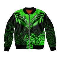Personalised New Zealand Sleeve Zip Bomber Jacket Aotearoa Maori Kiwi Green Fern LT01 Unisex Green - Polynesian Pride