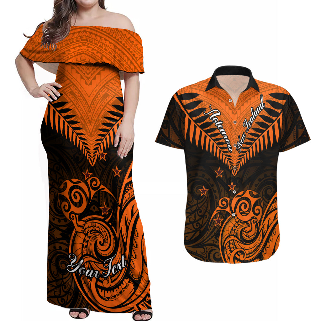 Personalised New Zealand Couples Matching Off Shoulder Maxi Dress and Hawaiian Shirt Aotearoa Maori Kiwi Orange Fern LT01 Orange - Polynesian Pride