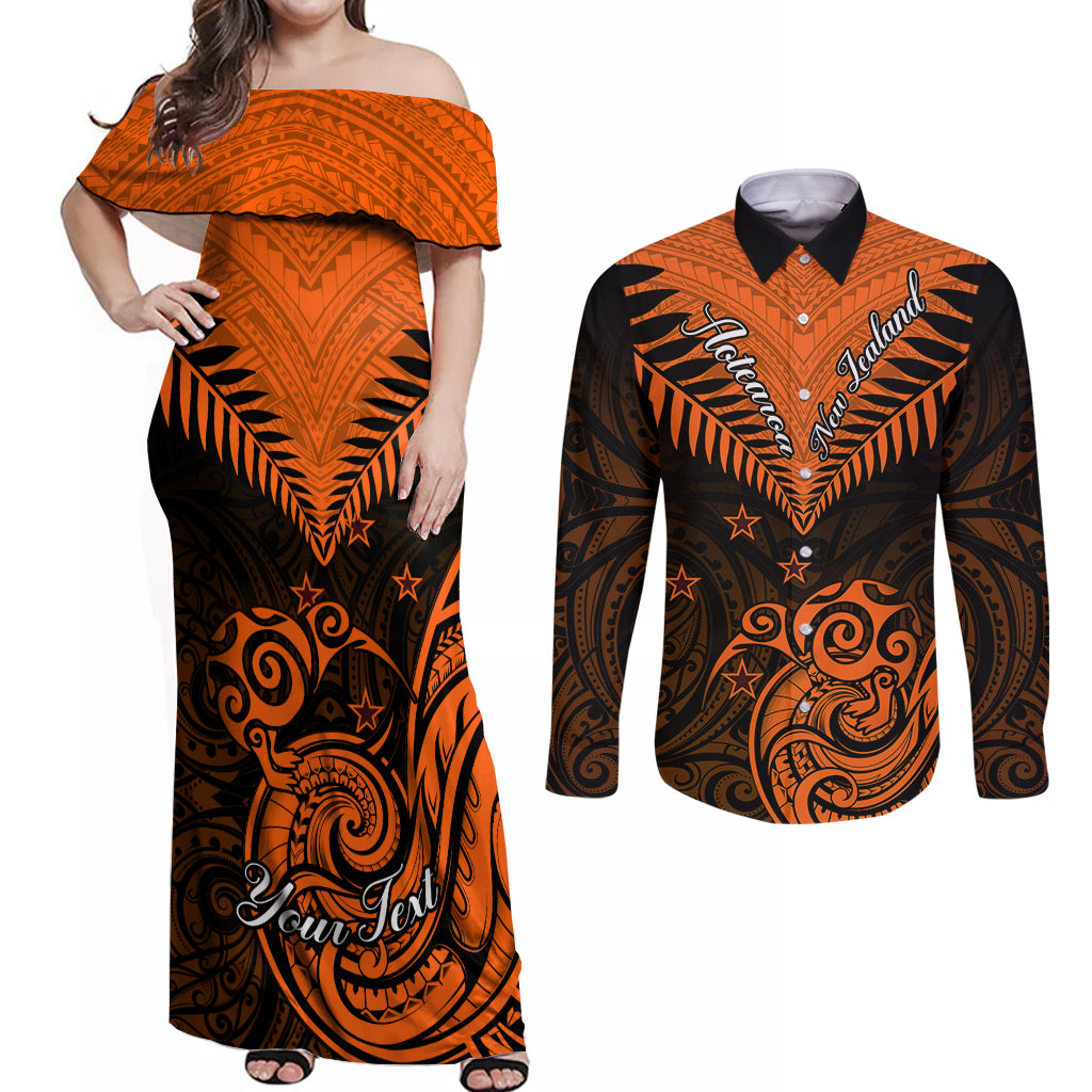 Personalised New Zealand Couples Matching Off Shoulder Maxi Dress and Long Sleeve Button Shirts Aotearoa Maori Kiwi Orange Fern LT01 Orange - Polynesian Pride
