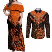 Personalised New Zealand Couples Matching Off Shoulder Maxi Dress and Long Sleeve Button Shirts Aotearoa Maori Kiwi Orange Fern LT01 Orange - Polynesian Pride