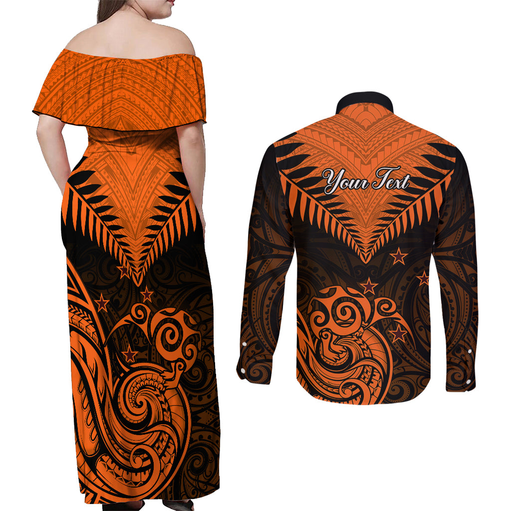 Personalised New Zealand Couples Matching Off Shoulder Maxi Dress and Long Sleeve Button Shirts Aotearoa Maori Kiwi Orange Fern LT01 - Polynesian Pride