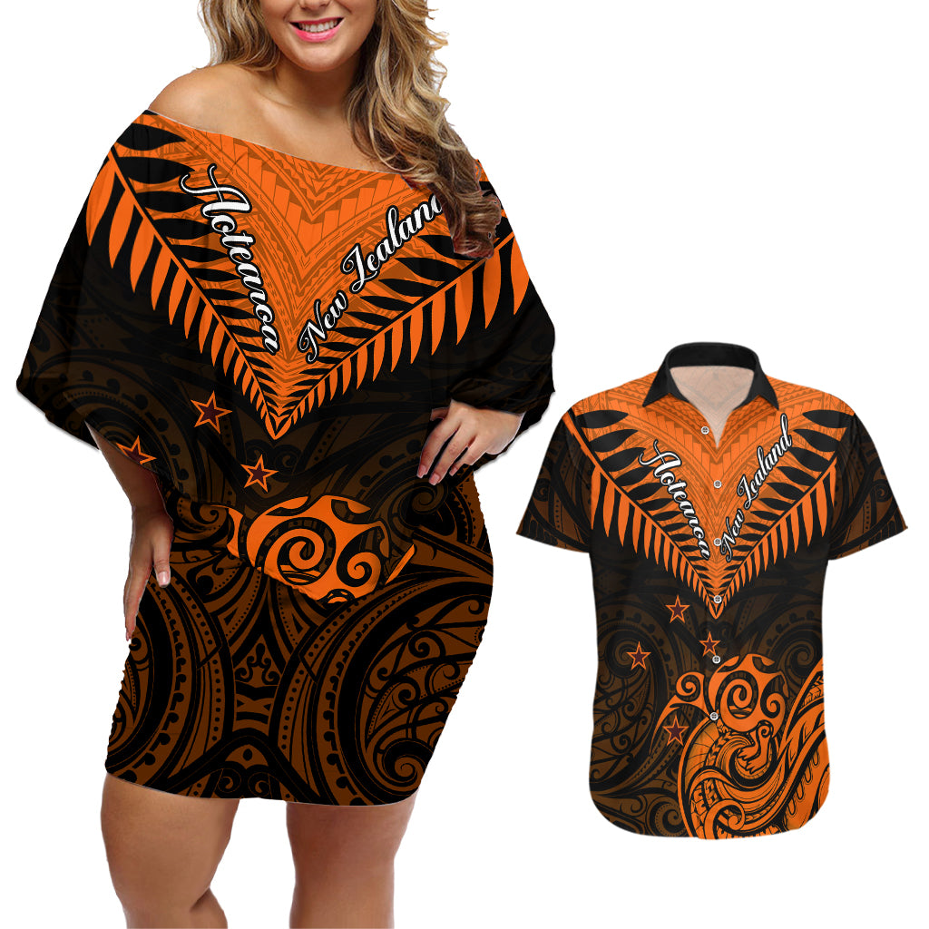Personalised New Zealand Couples Matching Off Shoulder Short Dress and Hawaiian Shirt Aotearoa Maori Kiwi Orange Fern LT01 Orange - Polynesian Pride