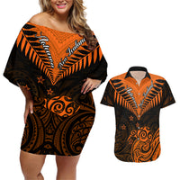 Personalised New Zealand Couples Matching Off Shoulder Short Dress and Hawaiian Shirt Aotearoa Maori Kiwi Orange Fern LT01 Orange - Polynesian Pride