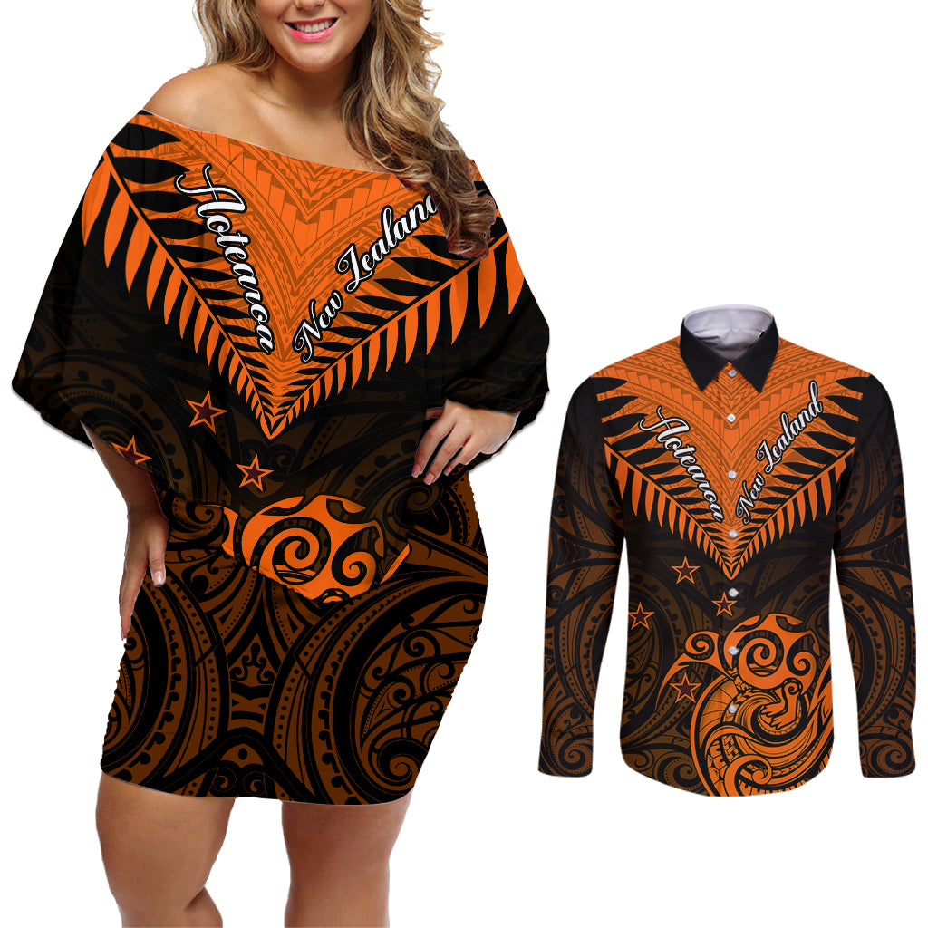 Personalised New Zealand Couples Matching Off Shoulder Short Dress and Long Sleeve Button Shirts Aotearoa Maori Kiwi Orange Fern LT01 Orange - Polynesian Pride