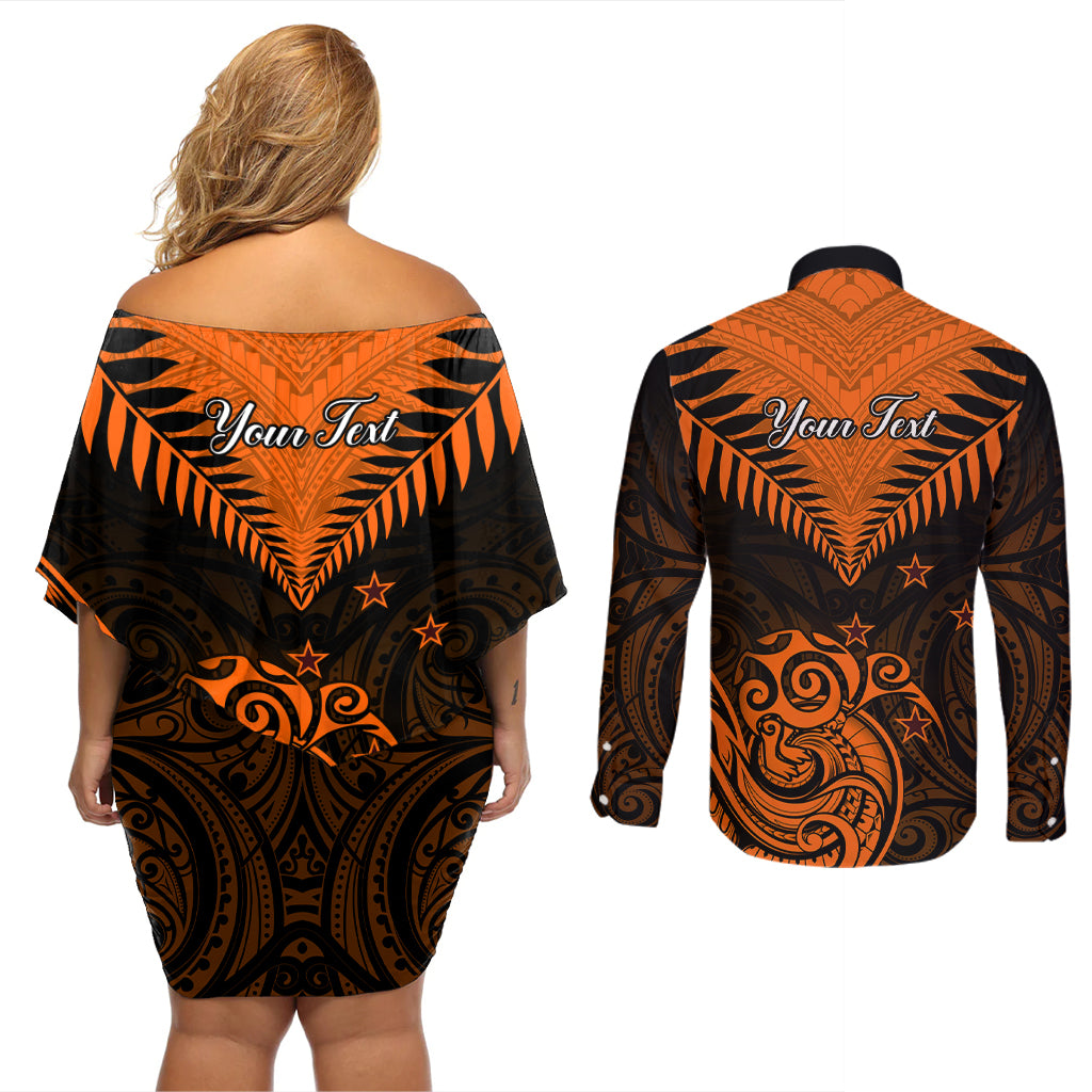 Personalised New Zealand Couples Matching Off Shoulder Short Dress and Long Sleeve Button Shirts Aotearoa Maori Kiwi Orange Fern LT01 - Polynesian Pride