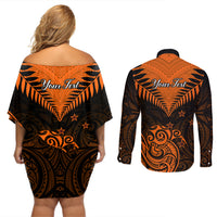 Personalised New Zealand Couples Matching Off Shoulder Short Dress and Long Sleeve Button Shirts Aotearoa Maori Kiwi Orange Fern LT01 - Polynesian Pride