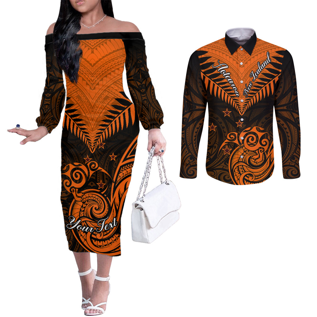Personalised New Zealand Couples Matching Off The Shoulder Long Sleeve Dress and Long Sleeve Button Shirts Aotearoa Maori Kiwi Orange Fern LT01 Orange - Polynesian Pride