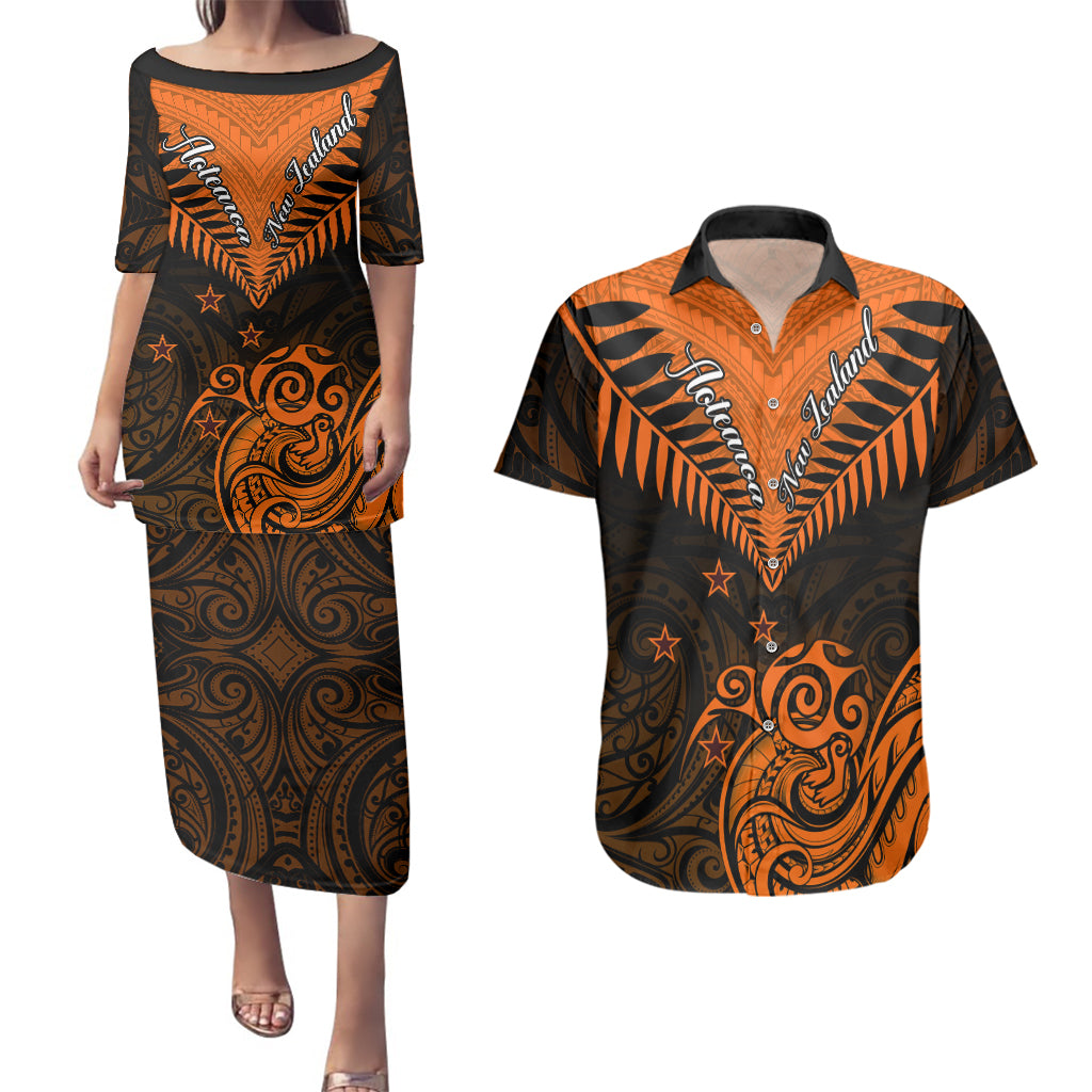 Personalised New Zealand Couples Matching Puletasi Dress and Hawaiian Shirt Aotearoa Maori Kiwi Orange Fern LT01 Orange - Polynesian Pride