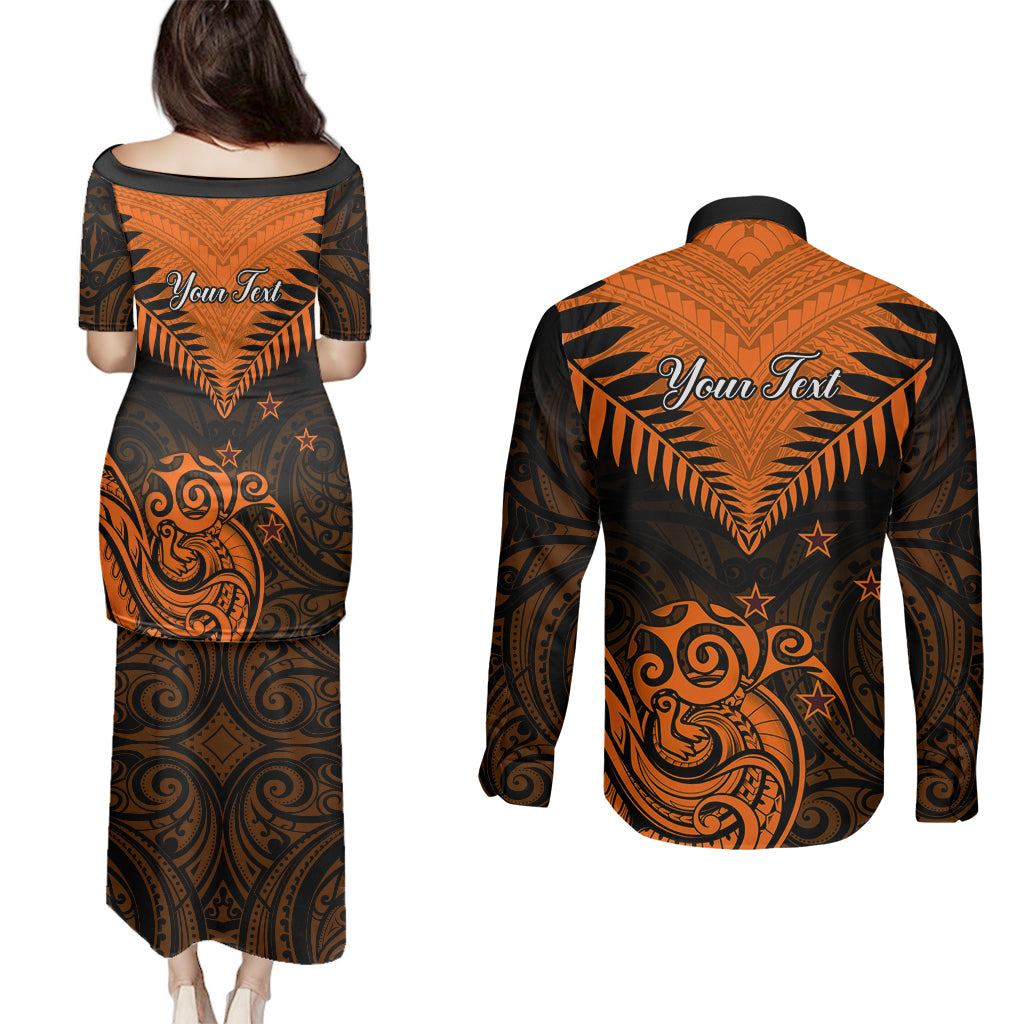 Personalised New Zealand Couples Matching Puletasi Dress and Long Sleeve Button Shirts Aotearoa Maori Kiwi Orange Fern LT01 - Polynesian Pride