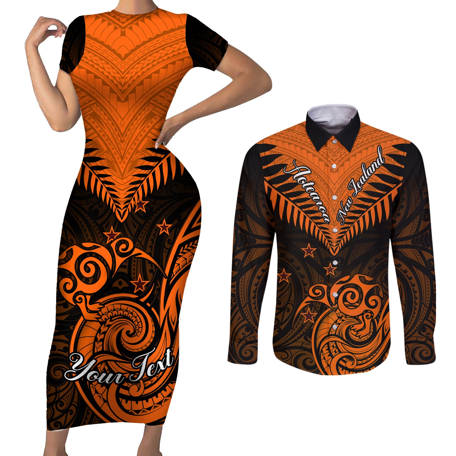 Personalised New Zealand Couples Matching Short Sleeve Bodycon Dress and Long Sleeve Button Shirts Aotearoa Maori Kiwi Orange Fern LT01 Orange - Polynesian Pride