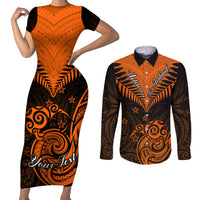Personalised New Zealand Couples Matching Short Sleeve Bodycon Dress and Long Sleeve Button Shirts Aotearoa Maori Kiwi Orange Fern LT01 Orange - Polynesian Pride