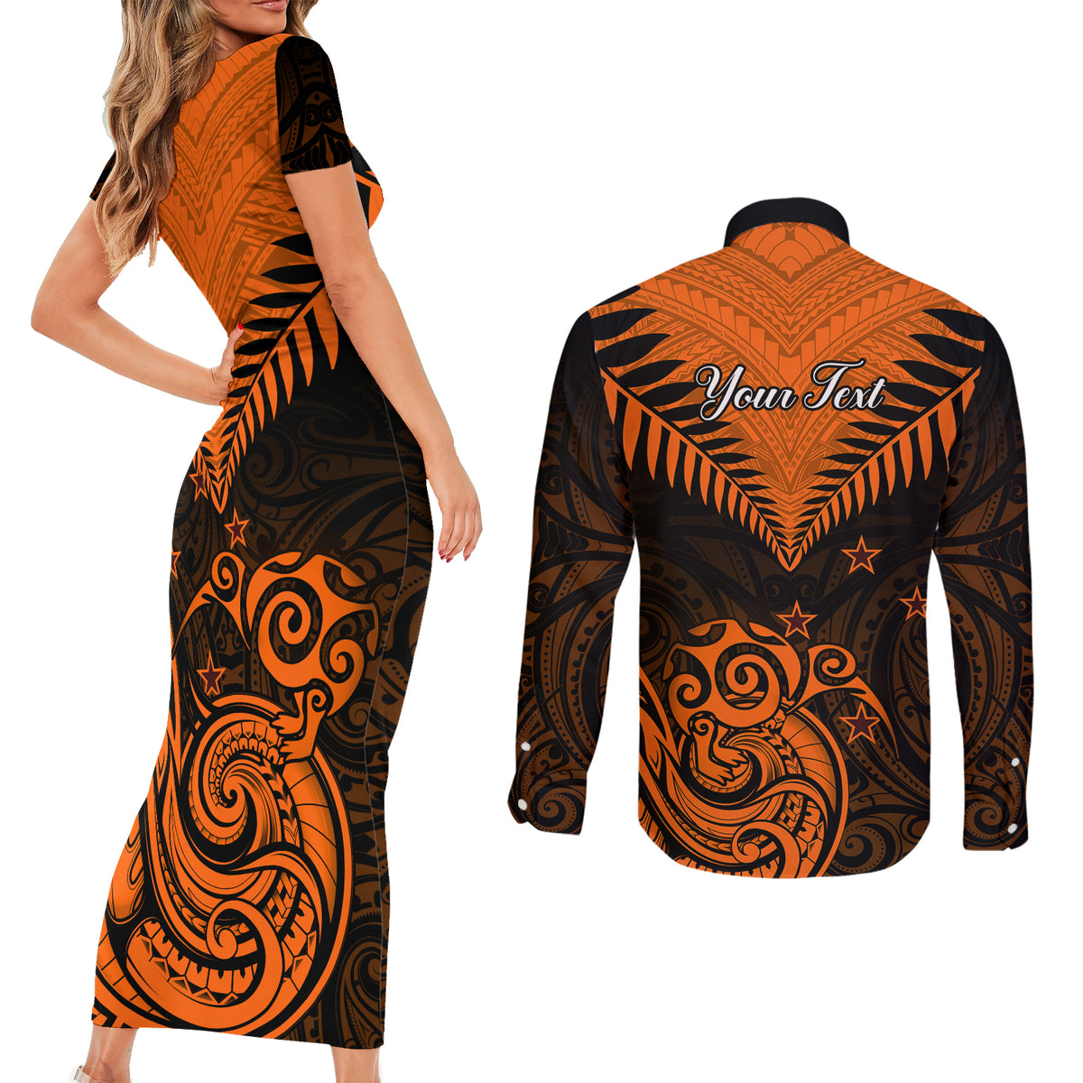 Personalised New Zealand Couples Matching Short Sleeve Bodycon Dress and Long Sleeve Button Shirts Aotearoa Maori Kiwi Orange Fern LT01 - Polynesian Pride