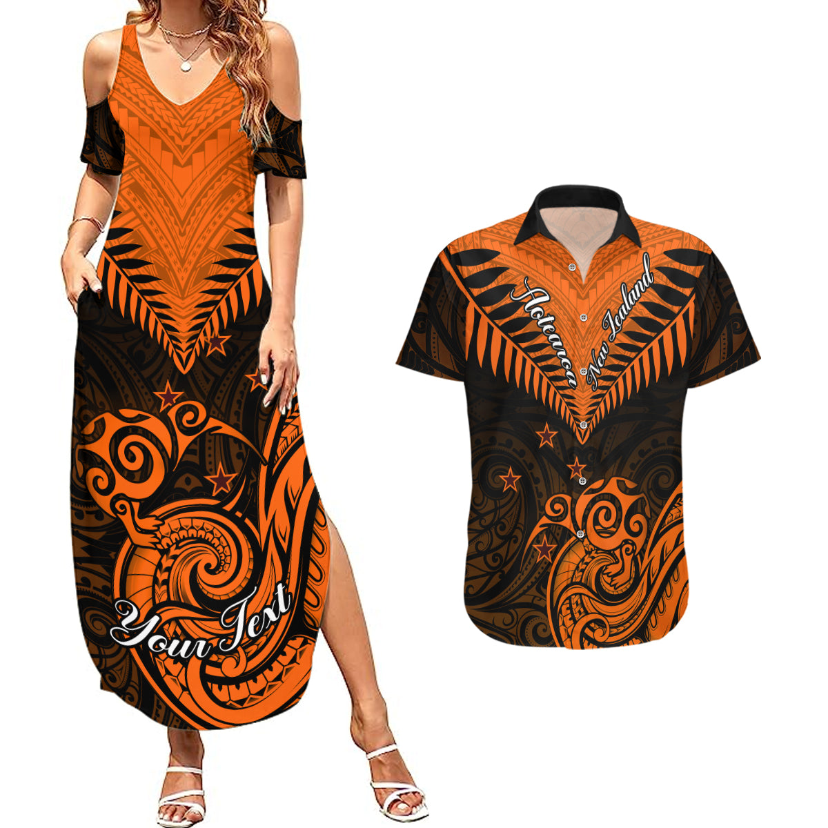 Personalised New Zealand Couples Matching Summer Maxi Dress and Hawaiian Shirt Aotearoa Maori Kiwi Orange Fern LT01 Orange - Polynesian Pride