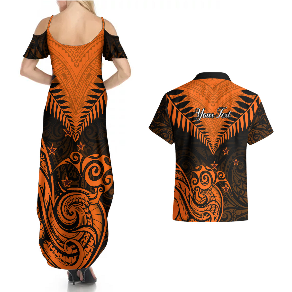 Personalised New Zealand Couples Matching Summer Maxi Dress and Hawaiian Shirt Aotearoa Maori Kiwi Orange Fern LT01 - Polynesian Pride