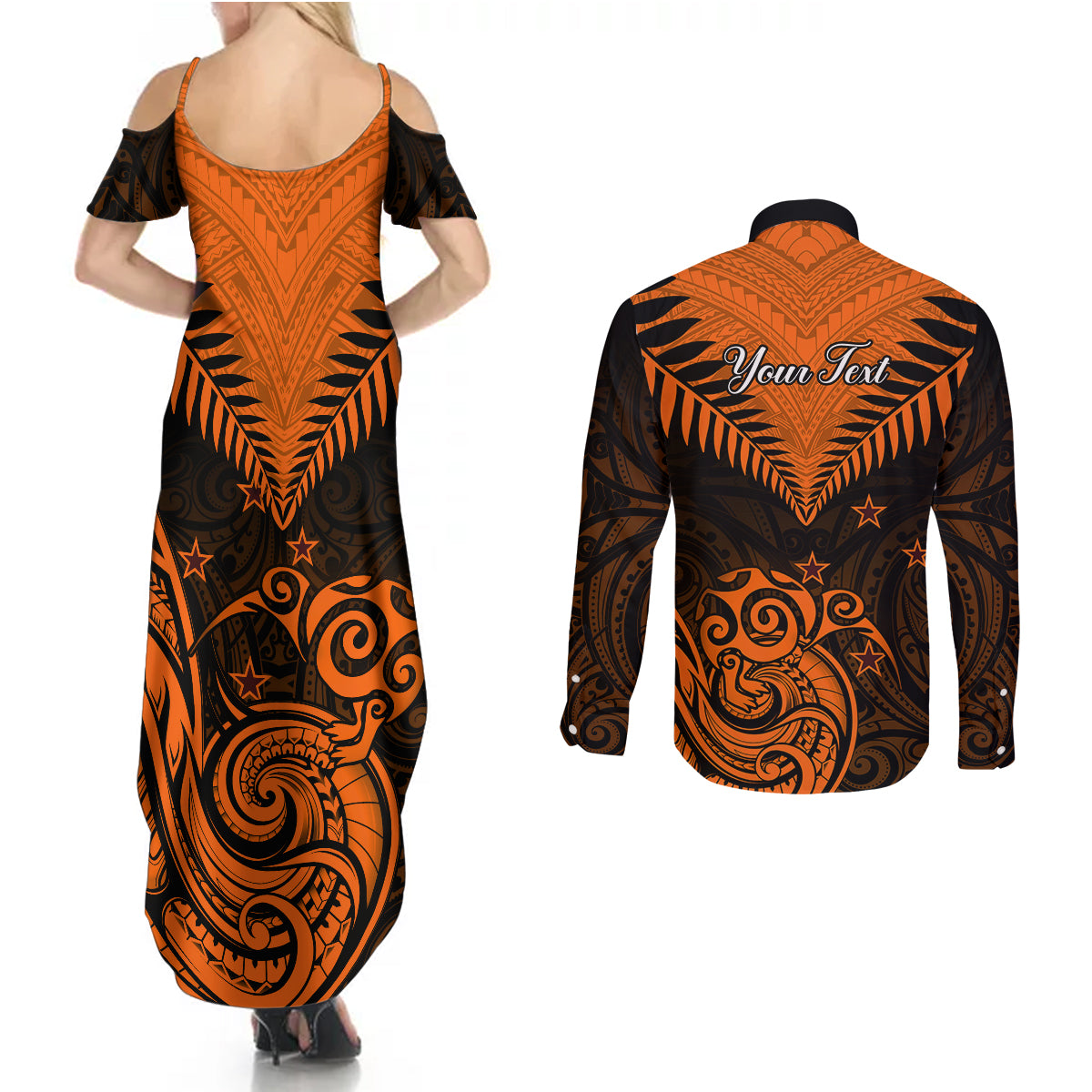 Personalised New Zealand Couples Matching Summer Maxi Dress and Long Sleeve Button Shirts Aotearoa Maori Kiwi Orange Fern LT01 - Polynesian Pride