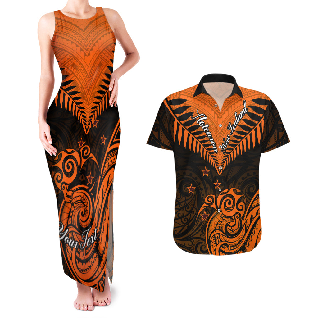 Personalised New Zealand Couples Matching Tank Maxi Dress And Hawaiian Shirt Aotearoa Maori Kiwi Orange Fern LT01 Orange - Polynesian Pride