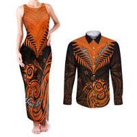 Personalised New Zealand Couples Matching Tank Maxi Dress and Long Sleeve Button Shirts Aotearoa Maori Kiwi Orange Fern LT01 Orange - Polynesian Pride