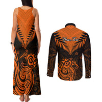 Personalised New Zealand Couples Matching Tank Maxi Dress and Long Sleeve Button Shirts Aotearoa Maori Kiwi Orange Fern LT01 - Polynesian Pride